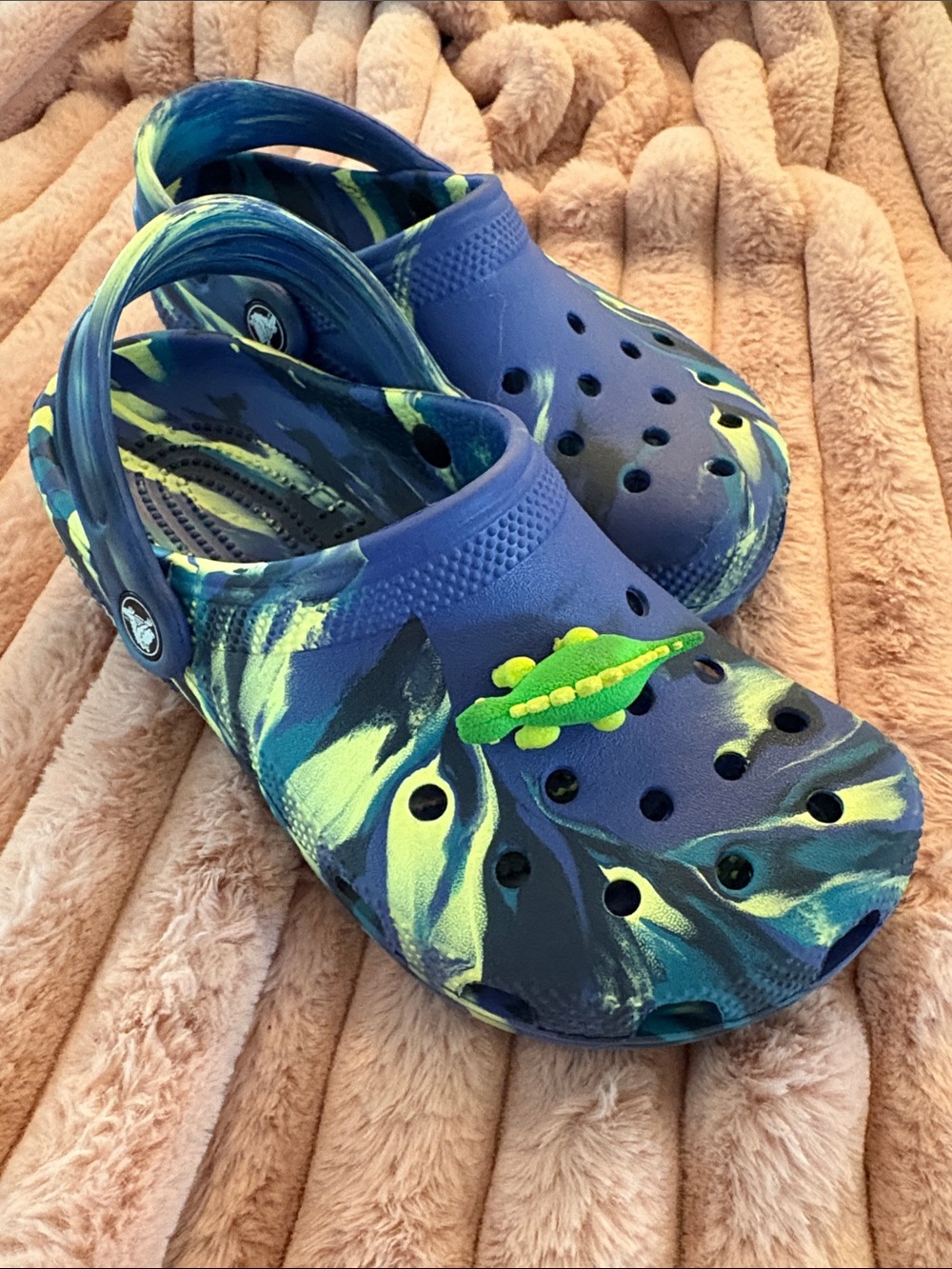 CROCS Kids' Marbled Navy and Neon Green Classic Clog